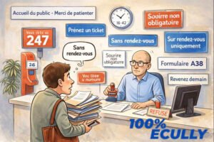 Illustration humoristique montrant un citoyen face à un guichet de mairie avec des règles administratives contradictoires, illustrant les difficultés d’accueil en mairie à Écully