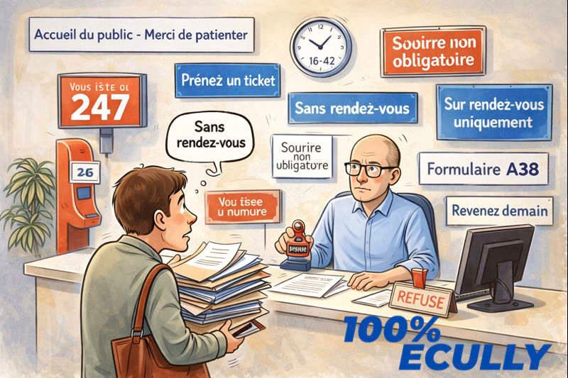 Illustration humoristique montrant un citoyen face à un guichet de mairie avec des règles administratives contradictoires, illustrant les difficultés d’accueil en mairie à Écully